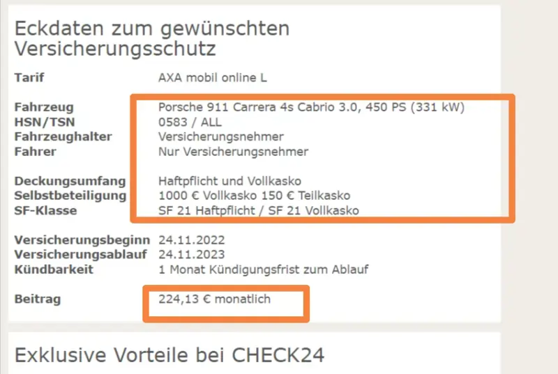 Berechnung einer Porsche 911 Carbiolet Kfz-Versicherung. Vollkasko bei 1000,- Euro SB und SF 21. Es kommt ein Betrag von 224,- Euro monatlich raus.