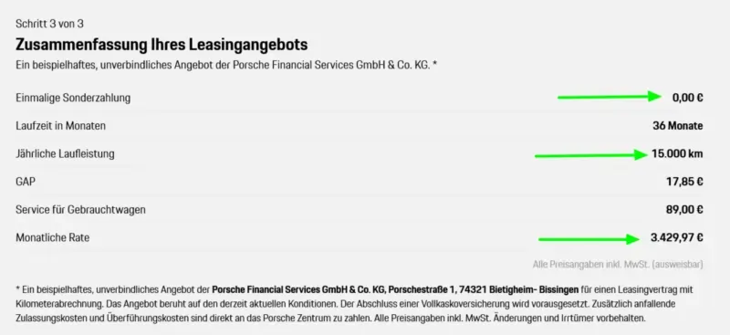 Man sieht eine Angebotsübersicht mit Berechnung eines Porsche Leasing Angebots, das in eine Vergleichsrechnung zum Autoabo einbezogen wird.