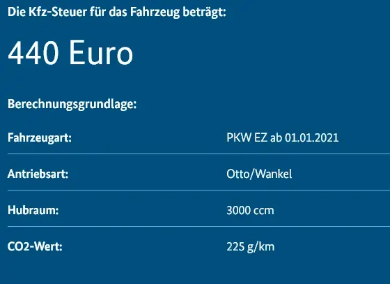 Man sieht die detaillierte Berechnung und Kosten eines Porsche 911 in der Kfz-Steuer