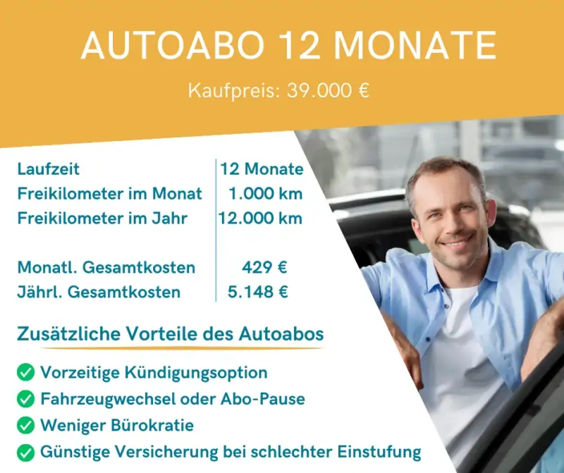 Man sieht eine Beispiel-Kalkulation für ein Autoabo für ein Mittelklasse-Auto. Sowie die Vorteile, die ein Abo im Vergleich zum Leasing hat.