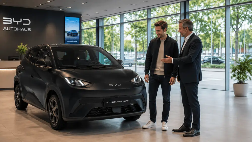 Persönliche Beratung zum BYD Auto Abo Berater erklärt einem Kunden im BYD Autohaus die Vorteile des Auto Abos