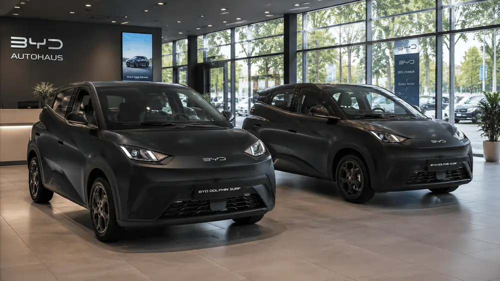 Zwei schwarze BYD Dolphin Surf Modelle stehen im BYD Autohaus zur Auswahl