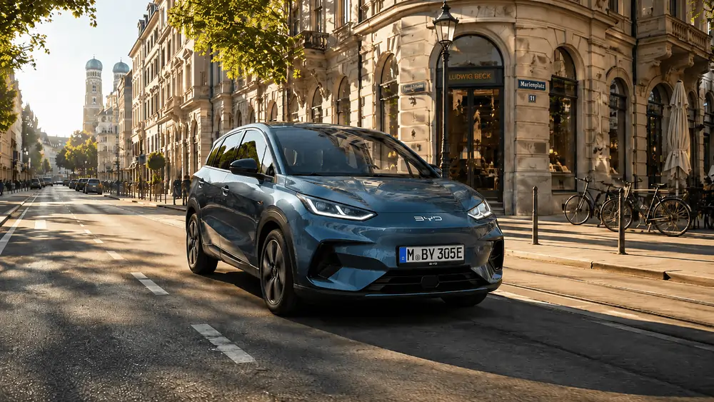 BYD Elektroauto im Auto Abo – urbane Mobilität Blaues BYD SUV im Auto Abo bei der Fahrt durch die Innenstadt
