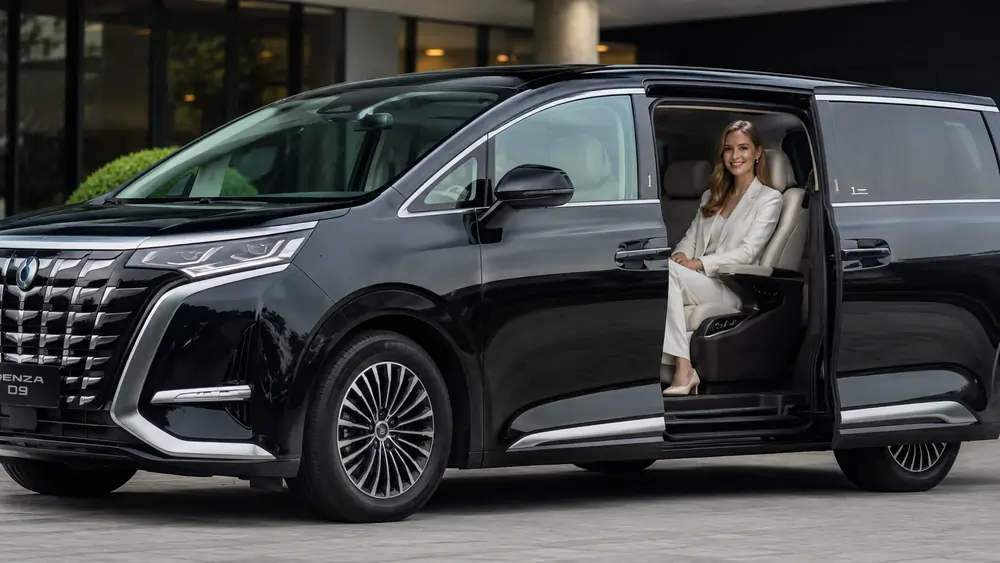 Denza D9 Luxus-Van mit geöffneten Schiebetüren und hochwertigem Innenraum