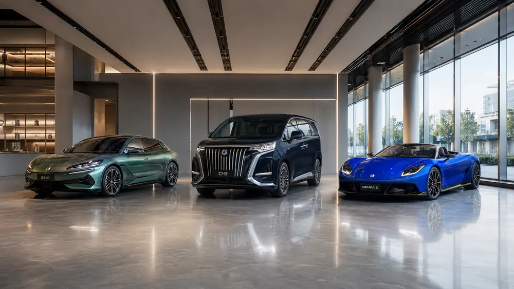Denza Z9 GT, Denza D9 und Denza Z im modernen Showroom in Deutschland