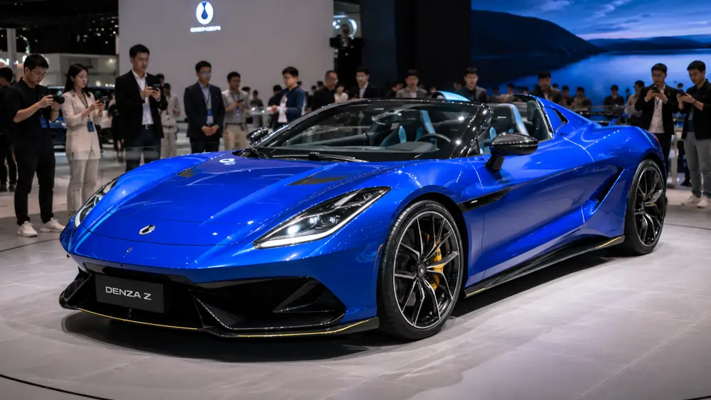 Blauer Denza Z Elektro-Roadster auf einer internationalen Automesse