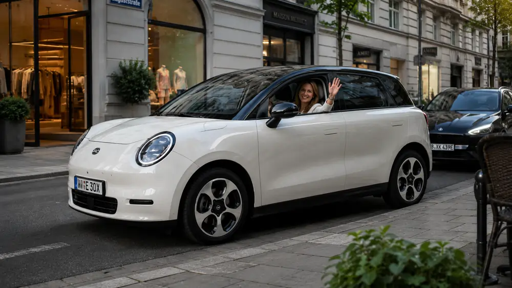 JAC E30X Elektroauto in weißer Lackierung in einer deutschen Innenstadt
