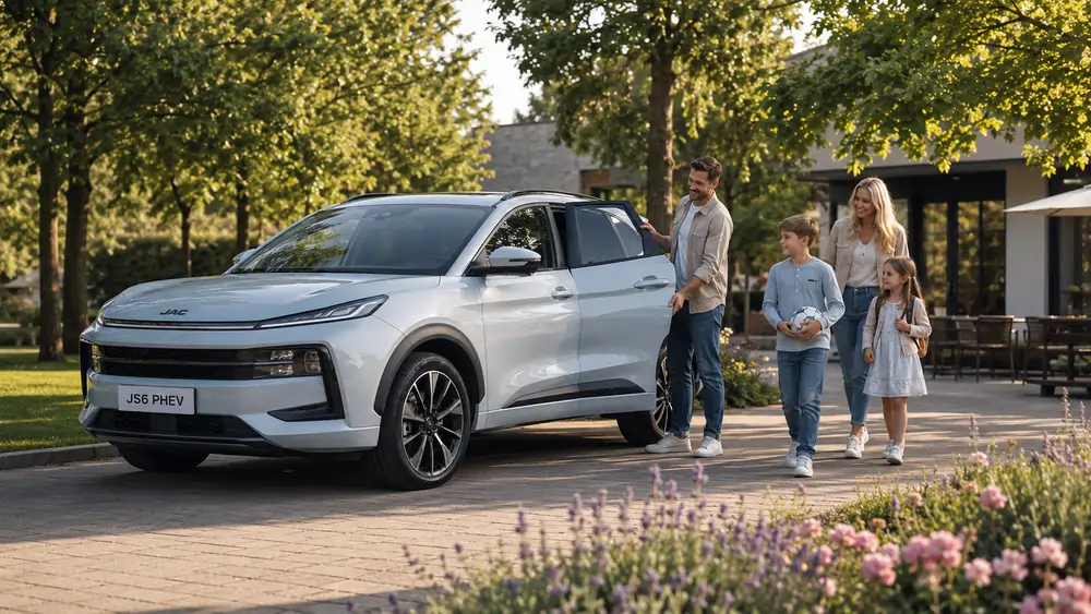 JAC JS6 PHEV Kompakt-SUV mit Familie im Garten