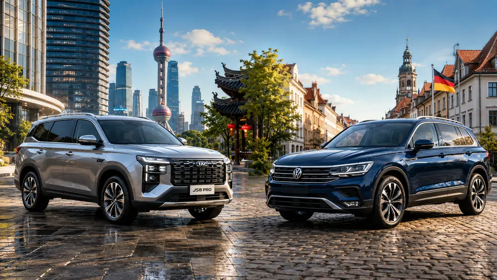 JAC JS8 Pro und Volkswagen SUV nebeneinander vor chinesisch-deutscher Stadtkulisse