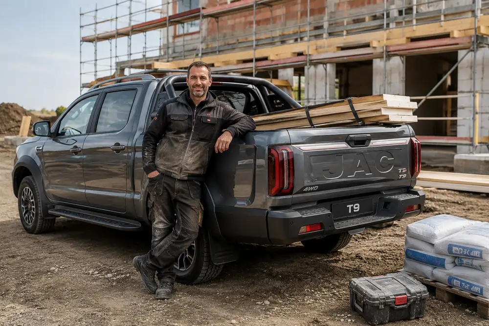 JAC T9 Pick-up 4WD auf einer Baustelle, Mann lehnt an der Ladefläche