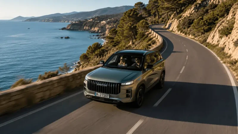 Jaecoo 7 Plug-in-Hybrid-SUV fährt auf einer kurvigen Küstenstraße am Mittelmeer