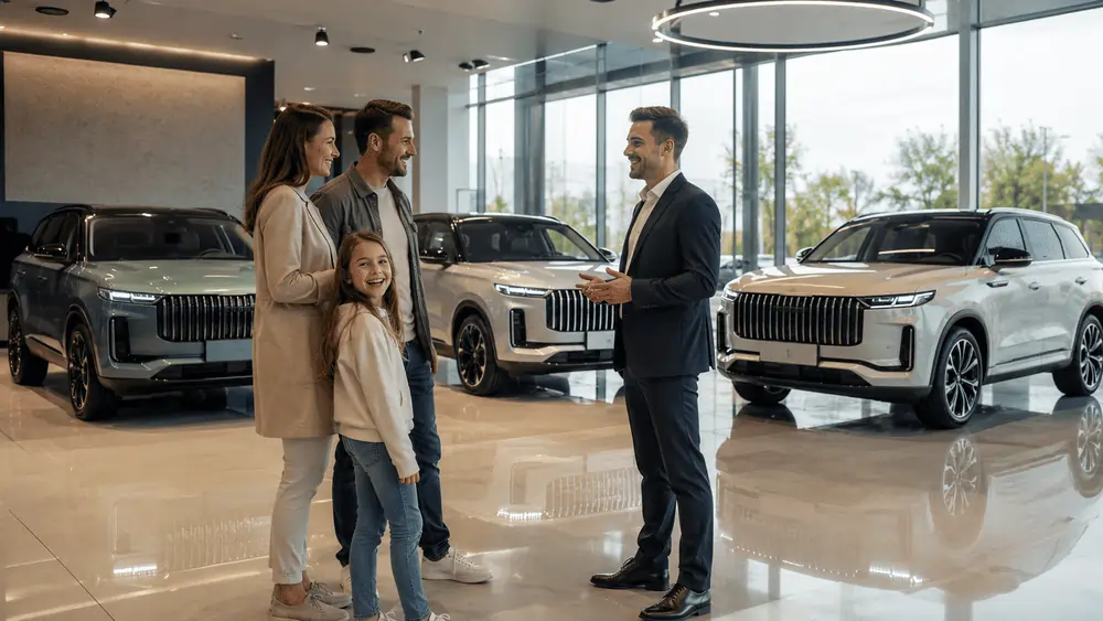 Familie lässt sich im Jaecoo-Autohaus von einem Verkäufer zu SUV-Modellen beraten
