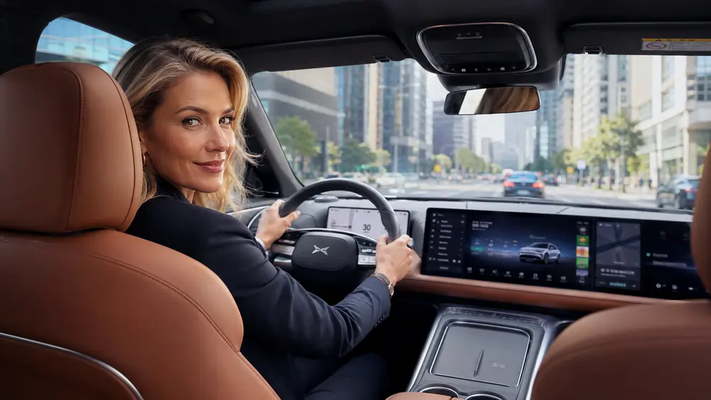 Fahrerin im XPeng-Cockpit mit KI-gestütztem Infotainment-System