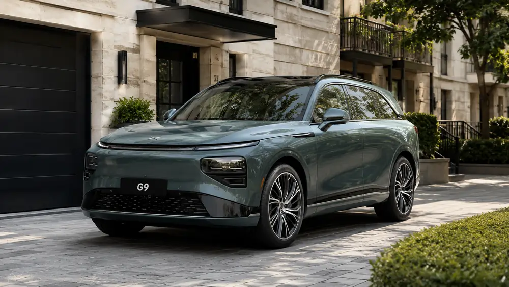 XPeng G9 Premium-SUV geparkt vor einem modernen Stadthaus