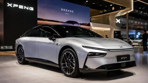 XPeng P7+ Elektro-Limousine auf einer internationalen Automesse