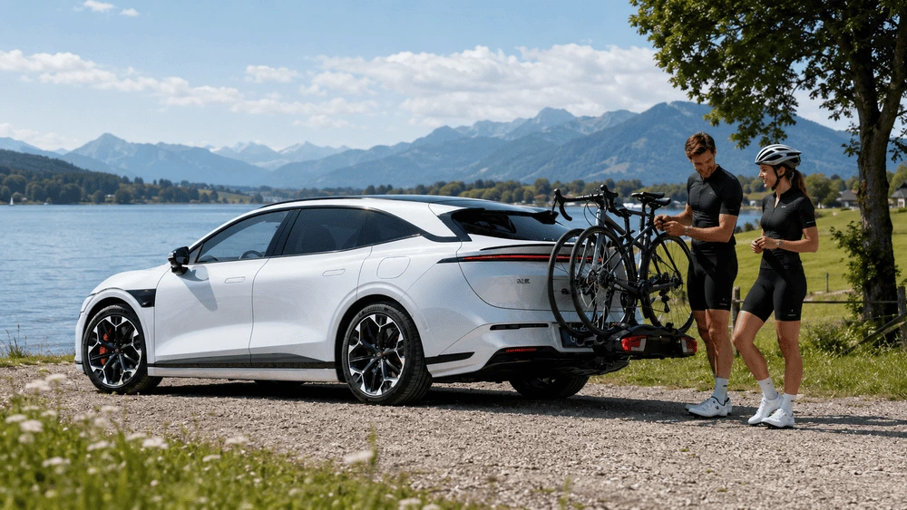 Zeekr 7GT in Weiß mit Fahrradträger und zwei Rennrädern am Heck, im Hintergrund ein See und Berge, zwei Radfahrer daneben (Symbolbild)