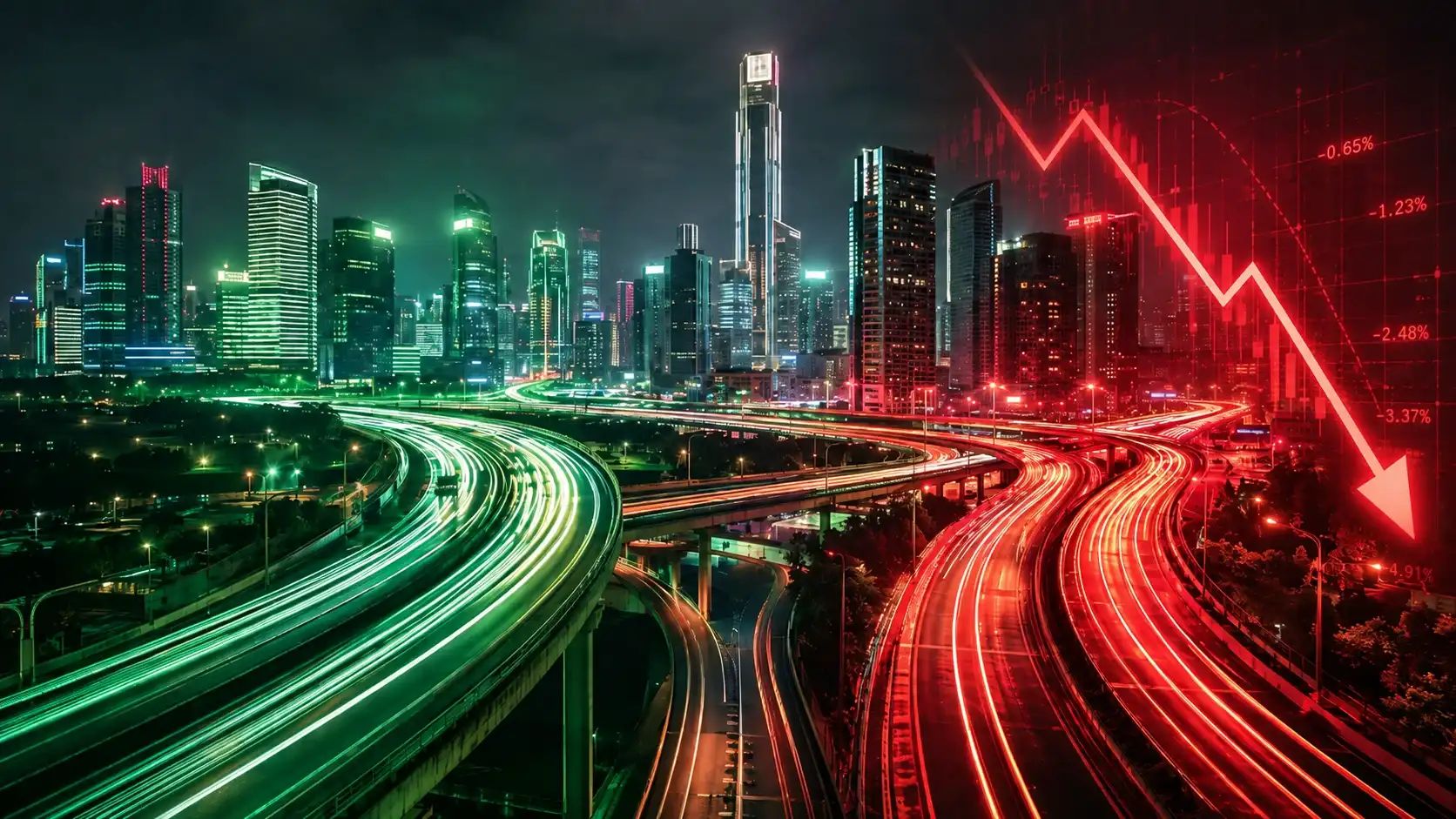 Nächtliche Skyline mit rot fallendem Kurspfeil symbolisiert den Einbruch des chinesischen Automarkts 2026