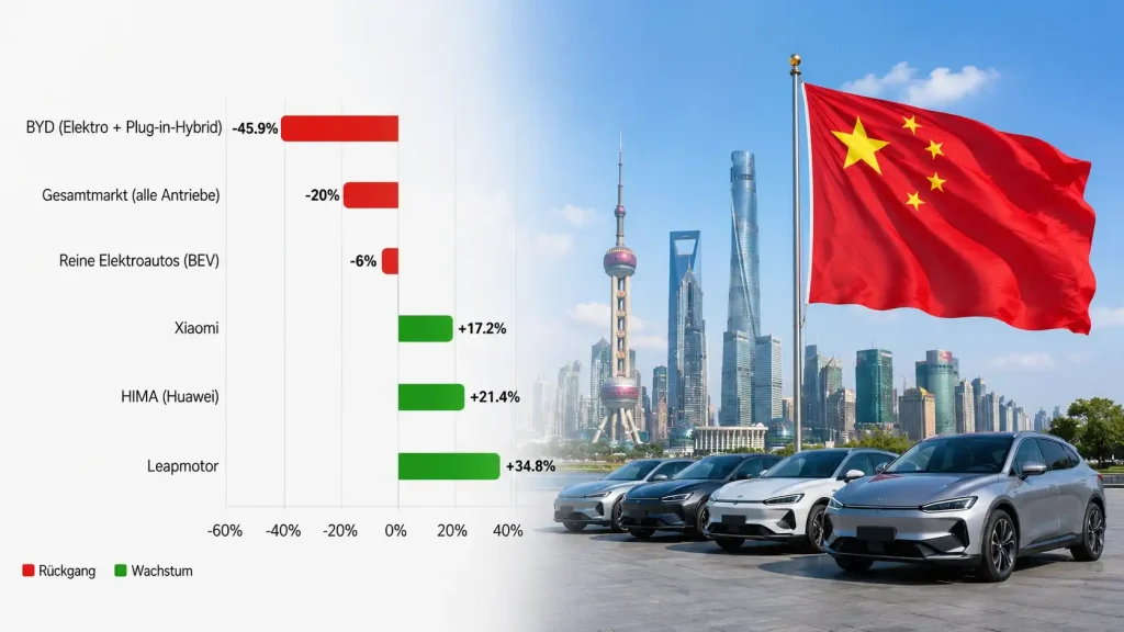 Verdrängungswettbewerb im chinesischen NEV-Markt: Gewinner und Verlierer im Vergleich Balkendiagramm zeigt Rückgang bei BYD, Gesamtmarkt und reinen E-Autos sowie Wachstum von Xiaomi, HIMA und Leapmotor in China 2026