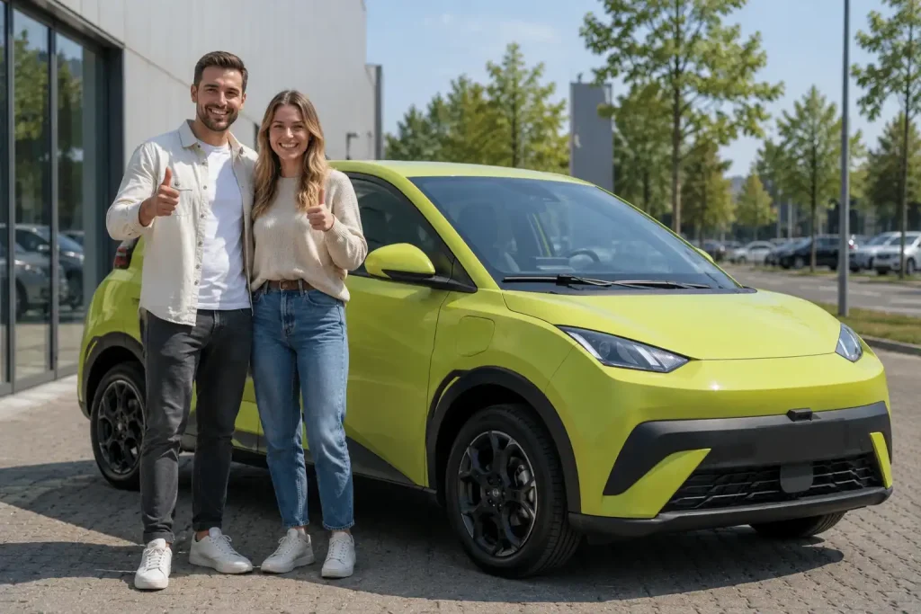 Auto-Abo statt Kauf: Chinesische Elektroautos risikofrei testen Junges Paar nimmt ein chinesisches Elektro-SUV im Auto-Abo entgegen