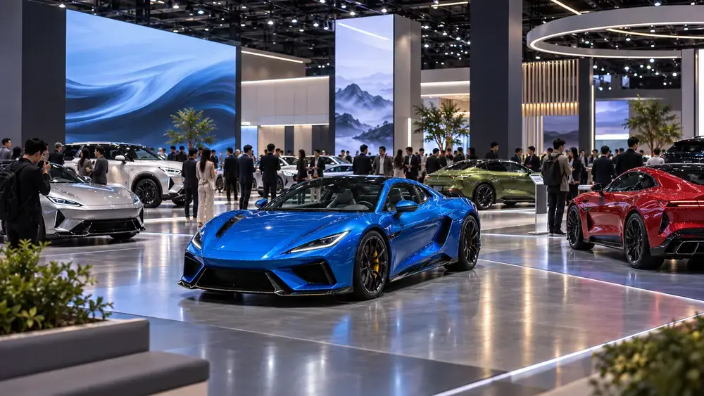 Ein sportliches Oberklasse-Fahrzeug auf einer Automobilmesse als Symbolbild für einen Denza Infobeitrag zum Thema chinesische Premium-Autos im Abo.