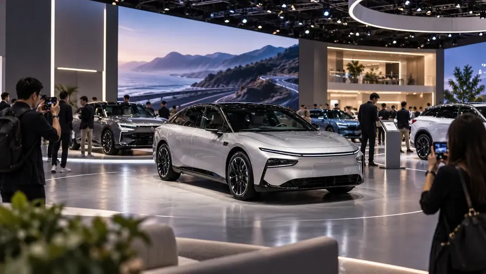 Symbolbild XPeng Zukunftsautos und Elektro Limousinen im Autoabo Eine moderne Elektro-Limousine auf einem Messestand als Symbolbild für einen XPeng Infobeitrag zum Thema innovative Tech-Autos im flexiblen Abo