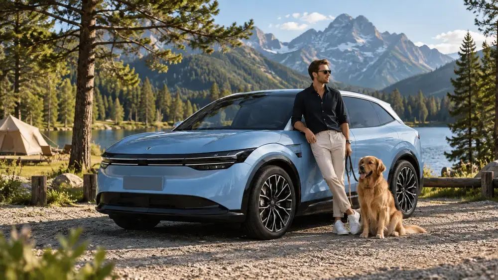 Ein hellblaues Premium-Elektroauto beim Camping am See als Symbolbild für einen Zeekr Infobeitrag zum Thema chinesische Auto-Abo Marken in Deutschland.
