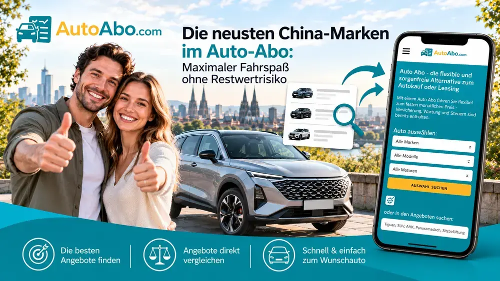 Paar zeigt Daumen hoch vor SUV einer chinesischen Automarke – Auto-Abo für China-Marken in Deutschland auf Autoabo.com