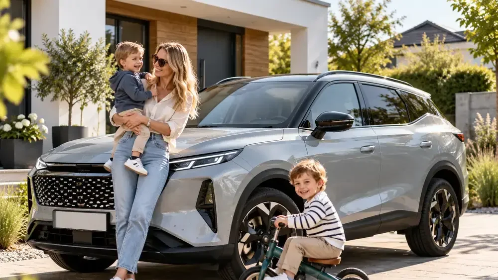 Mutter mit zwei Kindern vor SUV in der Einfahrt eines modernen Einfamilienhauses. Symbolbild für Omoda-Infobeitrag.