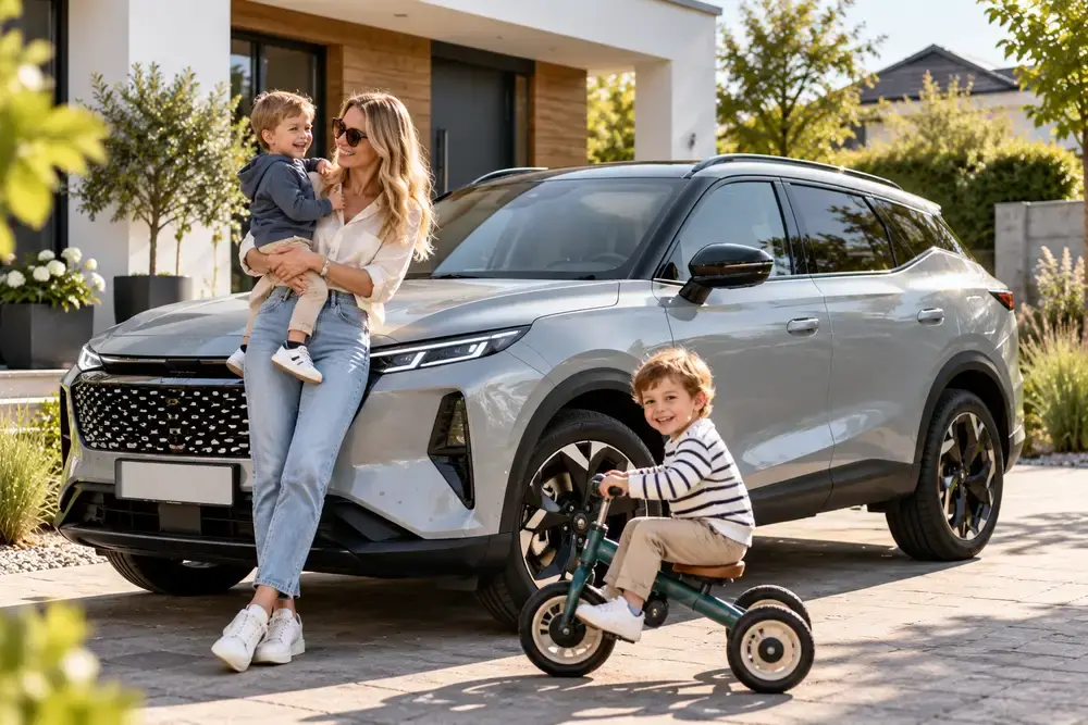 Mutter mit zwei Kindern vor SUV in der Einfahrt eines modernen Einfamilienhauses. Symbolbild für Omoda-Infobeitrag.