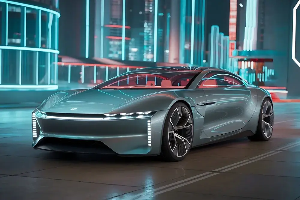 Futuristisches Elektro-Konzeptfahrzeug in nächtlicher Stadtkulisse
