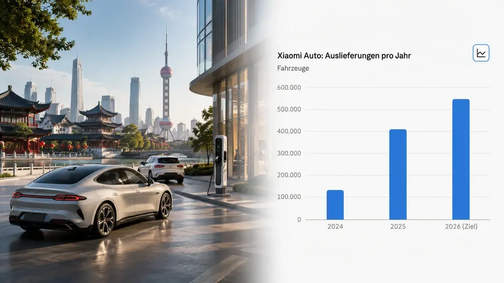 Balkendiagramm zu Xiaomi Auto Auslieferungen 2024 bis 2026 vor chinesischer Stadtkulisse (Illustration)