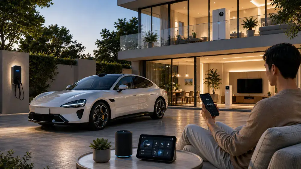 Illustration des Xiaomi Ökosystem-Prinzips: Elektroauto, Smart Home und Smartphone-Steuerung vernetzt